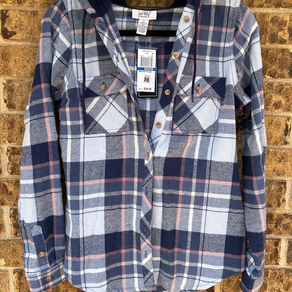 NWT Just Polly Blue and Pink Plaid button down